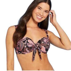 Shade & Shore  Womens Black Paisley Bikini Top With Tie Front Size 36DD